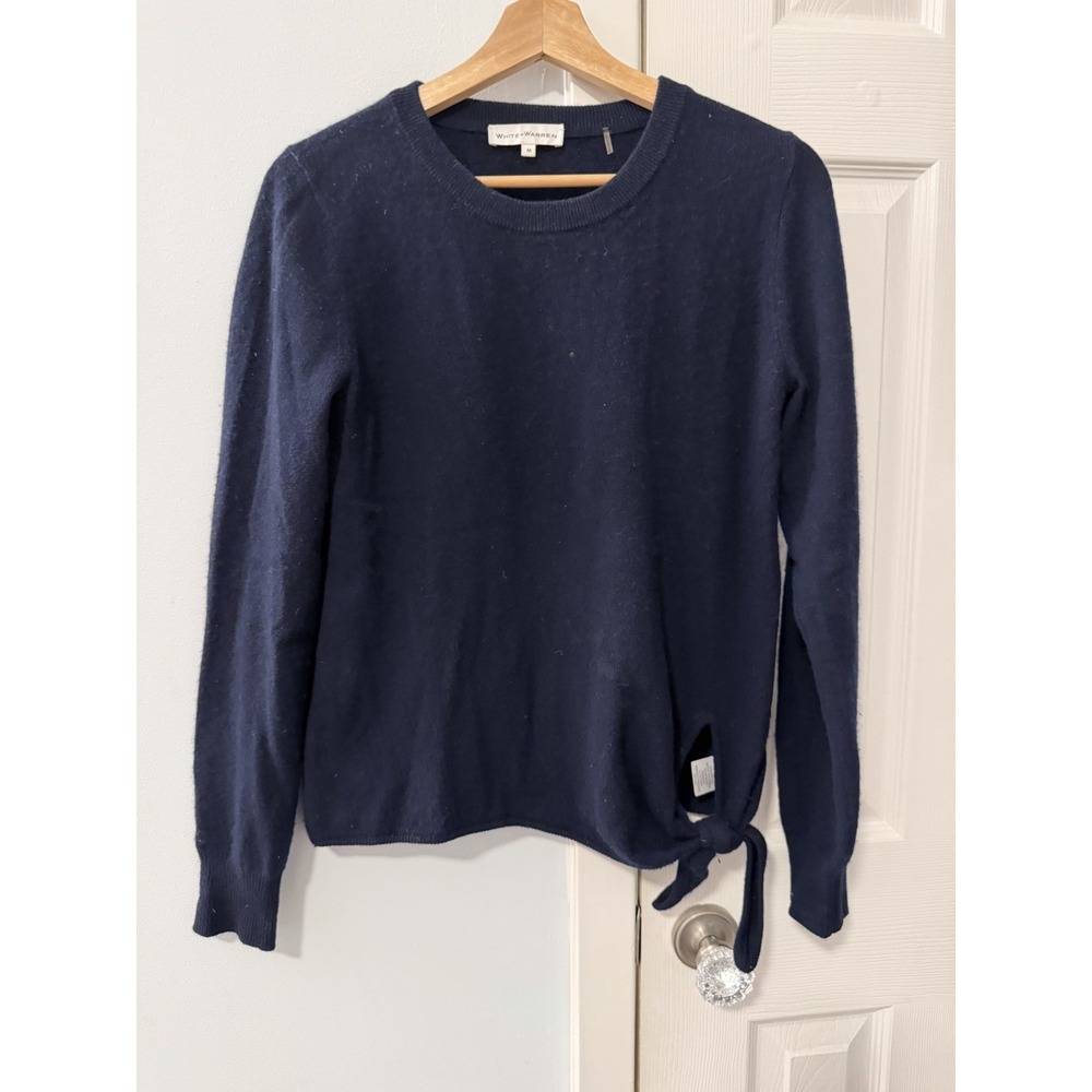 White + Warren 100% Cashmere Navy Side Tie Sweater Sz M Quiet Luxury Minimalist
